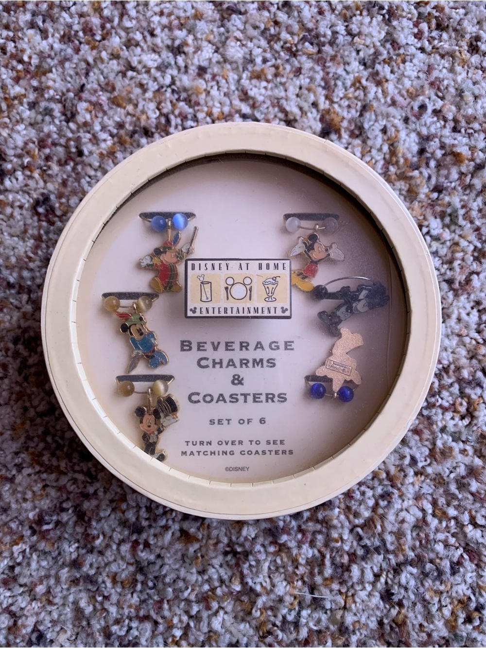 Disney Beverage Charms & Coasters Set - Cream Packaging with Multicolor Charms